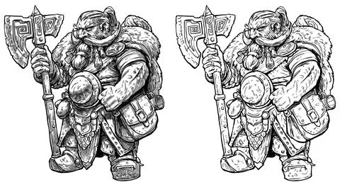 Dwarf with a large runic axe, a dense shield on his belly and a huge hiking b Illustration