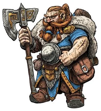 Dwarf with a large runic axe, a dense shield on his belly and a huge hiking b Illustration