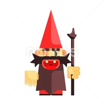 Dwarf in a red hat grimly grins. Fairy tale, fantastic, magical colorful Stock Illustration