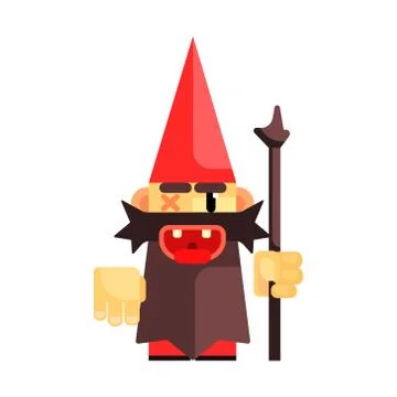 Dwarf in a red hat grimly grins. Fairy tale, fantastic, magical colorful Stock Illustration