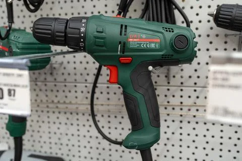DWT electric Drill Driver are sold in the store. Minsk, Belarus - july 26, 2025 Stock Photos
