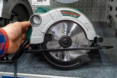 DWT Hand Held Circular Saw on Display in Store. Minsk, Belarus - june 26, 2022 Stock Photos