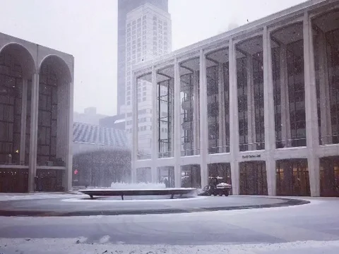 DX Time lapse of New York's famed arts building, Lincoln Center in the winter Stock Footage 73076632