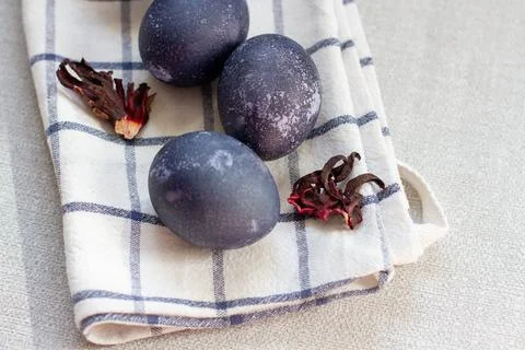 Dyed blue and marble easter eggs with hibiscus and carcade Stock Photos