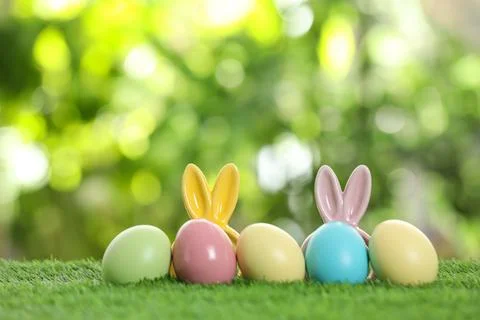 Dyed Easter eggs and bunny ears on green grass against blurred background. Sp Foto stock