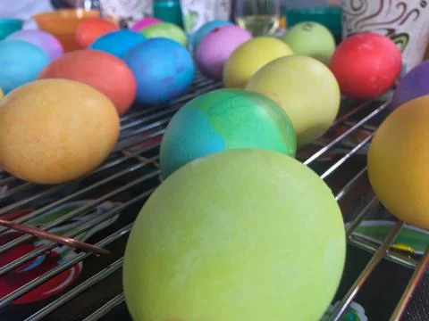 Dyed Easter Eggs Drying on a Cooling Rack Stock Photos