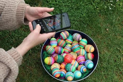 Dyed Easter eggs painted by children Stock Photos