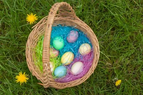 Dyed easter eggs set in an old wicker basket Foto stock