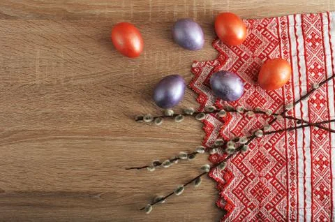 Dyed eggs for Easter in red and pearl color Stock Photos