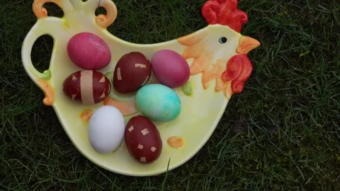 Dyed multi colored easter eggs on the chicken-shaped ceramic plate on green Stock Footage 267278604