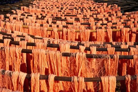 Dyed yarn kept for drying at bed sheet factory Sholapur, Maharashtra, India Stock Photos