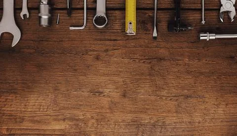 DYI composition of various work tools on wooden background flat lay 스톡 사진