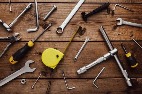  DYI composition of various work tools on wooden background flat lay Flat ... 스톡 사진