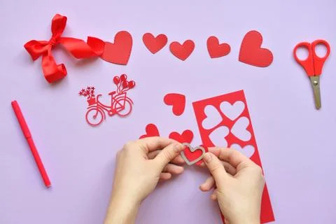 DYI master - class on creating cards for Valentine's Day. scrapbooking with r Stock Photos