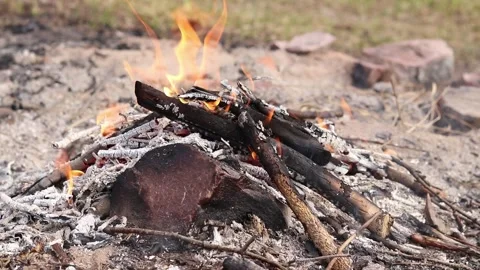 A dying bonfire with ashes and charred branches on sandy soil Stock Footage 346389743