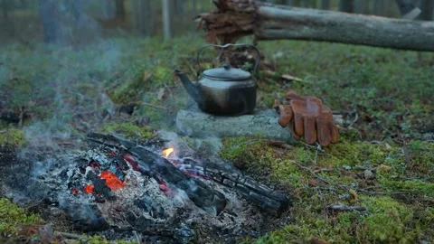 A dying hunter campfire with a kettle and work gloves Video stock 301712266