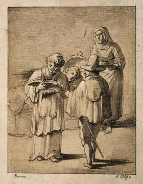 A dying man in bed being read the last rites. Lithograph by F. Piloty after.. Stock Illustration