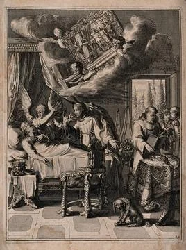 A dying man is given the last rites by two Franciscan monks. Etching. Stock Illustration