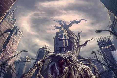 Dying sick tree monster creature with blood vessel in destroyed abandoned city Stock Illustration