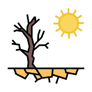 Dying tree under scorching sun stands on the dry, cracked earth due to drough Stock Illustration