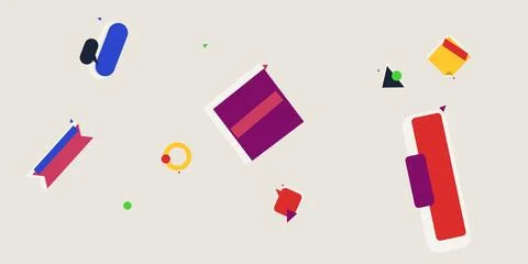 Dynamic 2D graphic design with floating geometric shapes and icons Stock Illustration