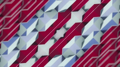 A dynamic 3D animation featuring a geometric pattern in red, blue, and white Stock Footage 329609451