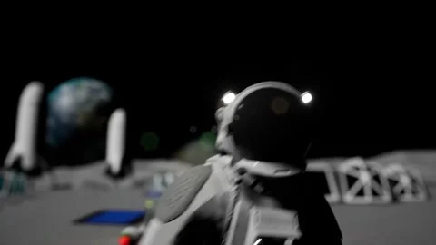 Dynamic 3d animation of jumping astronaut on moon base colony.  Stock Footage 293521217