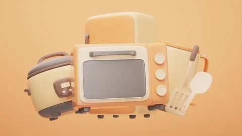 A dynamic 3d animation of kitchen appliances, including a microwave, rice c.. Stock Footage 332383900
