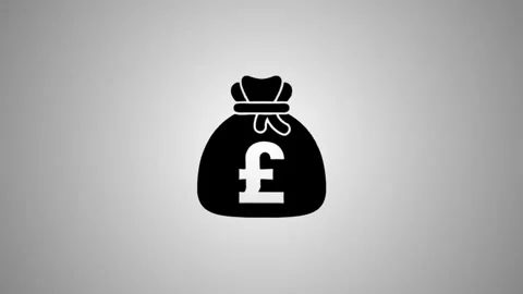 A dynamic 3D animation reveals a money bag with pound sterling symbol, shif.. Stock Footage 346496198