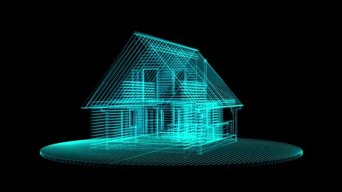 Dynamic 3D Architectural Wireframe Model of a Modern House Design in Neon Blu 库存影片 334584944