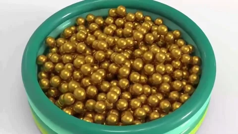 Dynamic 3D Balls and Golden Pearls Filling Kiddie Pool 4K Stock Footage 332761247