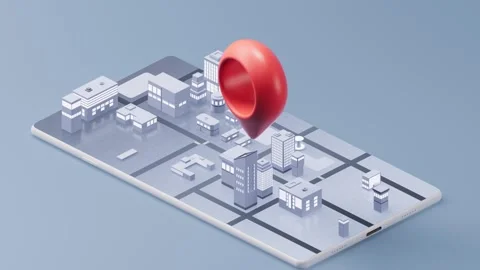 Dynamic 3d city map with gps location pin emerging on tablet screen showing.. Vidéo 327517086