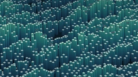 Dynamic 3D data visualization with rising teal bars and percentage labels Video stock 344920820