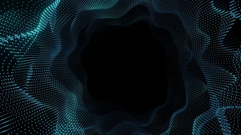 Dynamic 3D digital particle wave forming a circular frame with empty black Stock Footage 318237123