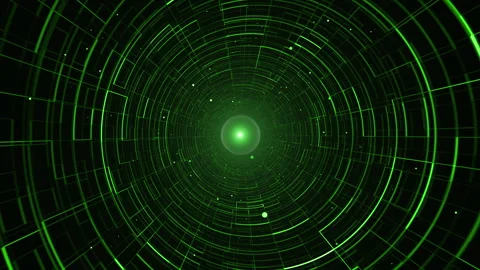 A dynamic 3D digital tunnel with green concentric grid patterns, creating a Stock Footage 284194171