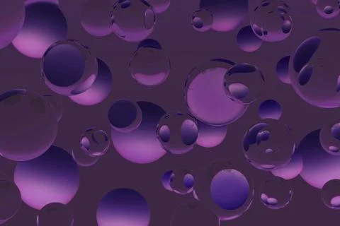 Dynamic 3D pattern of floating saturated purple translucent spheres on a dark Stock Illustration