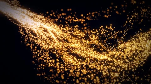 Dynamic 3D render of bright golden light trails and particles against a dark Stock Footage 342363414