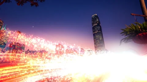 A dynamic 3D render of a futuristic cityscape with glowing elements. Stock Footage 346889025