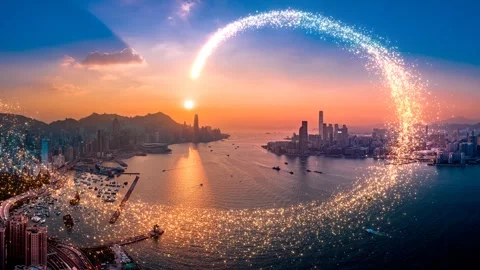 Dynamic 3D render of a vibrant Hong Kong cityscape with colorful light trails Stock Footage 342363717