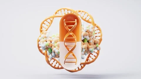 Dynamic 3D rendering of genetic medicine with DNA helix structure, rotating.. Stock Footage 332390744