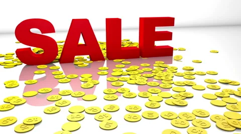 Dynamic 3d sale event concept - letters pushing gold coins towards viewer Stock Footage 55288734
