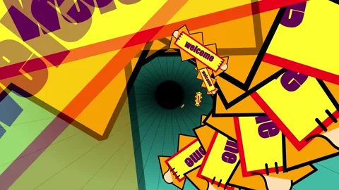 Dynamic 3D tunnel animation with flying welcome text elements Stock Footage 345729418
