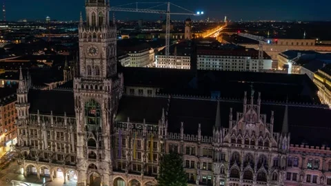 Dynamic Above View: Munich's Night Lights at Marienplatz Stock Footage 291661122