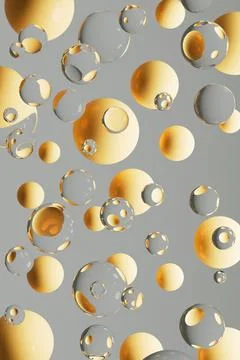Dynamic abstract 3D pattern featuring floating yellow and gray spheres. 3D re Stock Photos