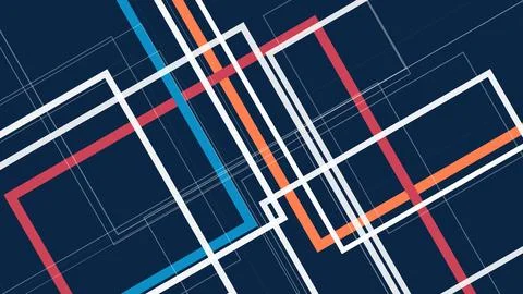 A dynamic abstract composition of geometric frames and neon blue, red, and .. Illustrazione stock