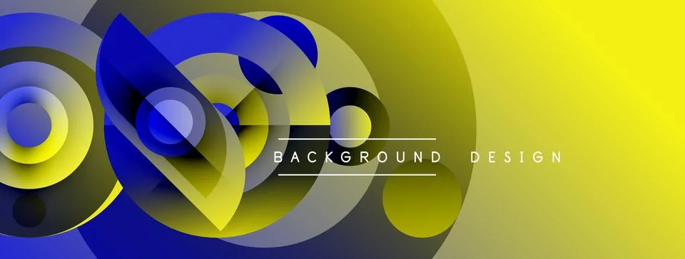 Dynamic abstract composition. Overlapping circles, gradients, yellow, blue hu Stock Illustration