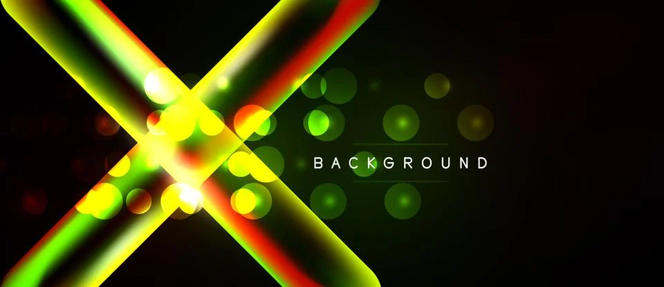 Dynamic abstract design. Bright neon lines intersect over dark background. Stock Illustration
