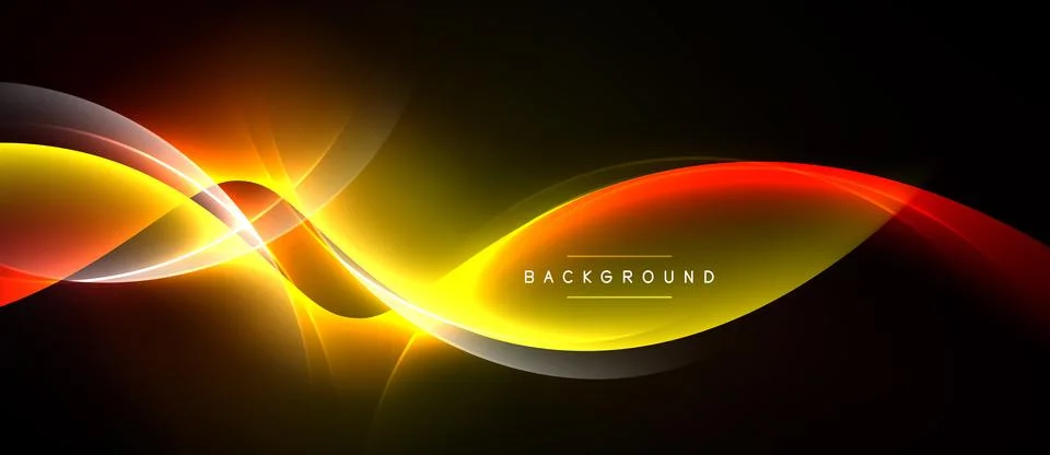 Dynamic abstract design. Bright yellow, orange, red curves flow across dark Stock Illustration