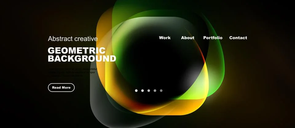 Dynamic abstract design. Colorful fluid shapes overlap dark background. Websi 스톡 일러스트