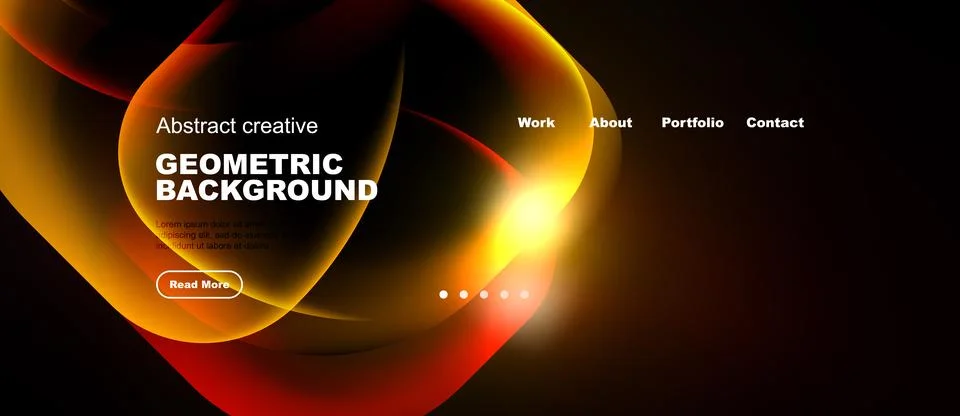 Dynamic abstract design features glowing geometric shapes, text elements, Stock Illustration